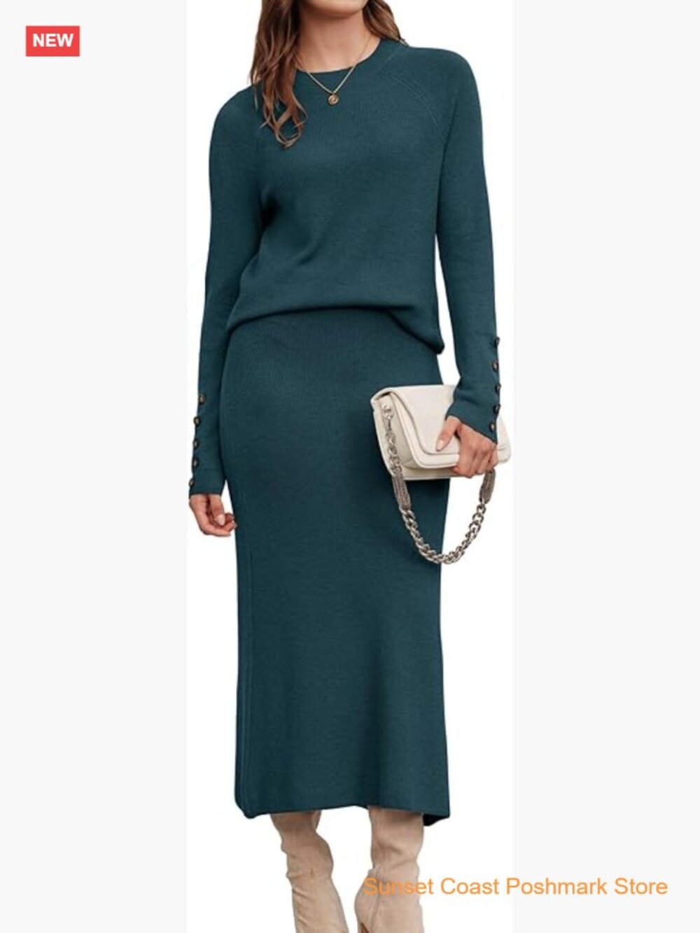 Wool Blend Sweater 2 Piece Set Long Sleeve Top Midi Skirt Outfit Business Lounge
